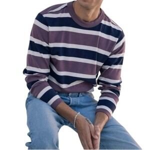 AYR Heavy O Jump Cotton Striped Long Sleeve Tee Crewneck Knit Top Purple Navy XL